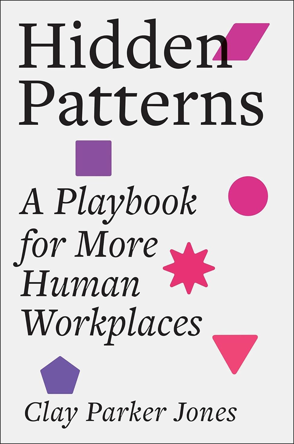 Hidden Patterns book cover — white background with scattered geometric shapes in magenta and black